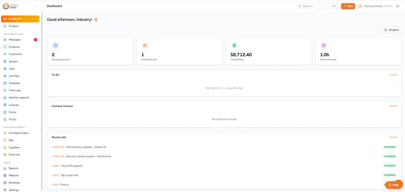 Industry Forms dashboard showing active jobs, pending invoices, and today's schedule