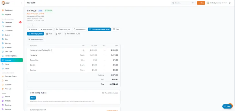 Industry Forms invoices list showing status and amount owing