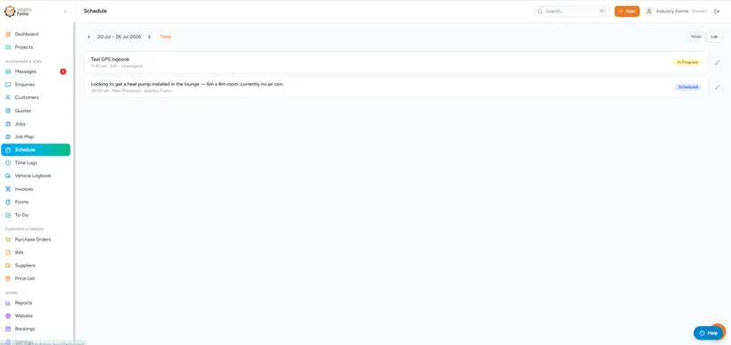 Industry Forms schedule view showing team visits by day